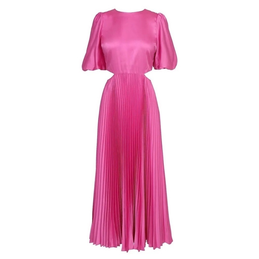 Adelyn Rae Pink Pleated Dress with Waist Cut Out and Puff Sleeves